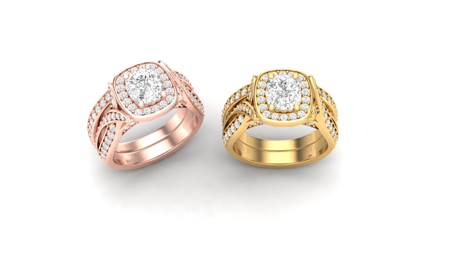 1.10 ct Cushion Cut Center Lab Grown Diamond | Color: E | Clarity: VVS | 0.60 ct Lab Grown Side Diamonds. | Designer Ring.