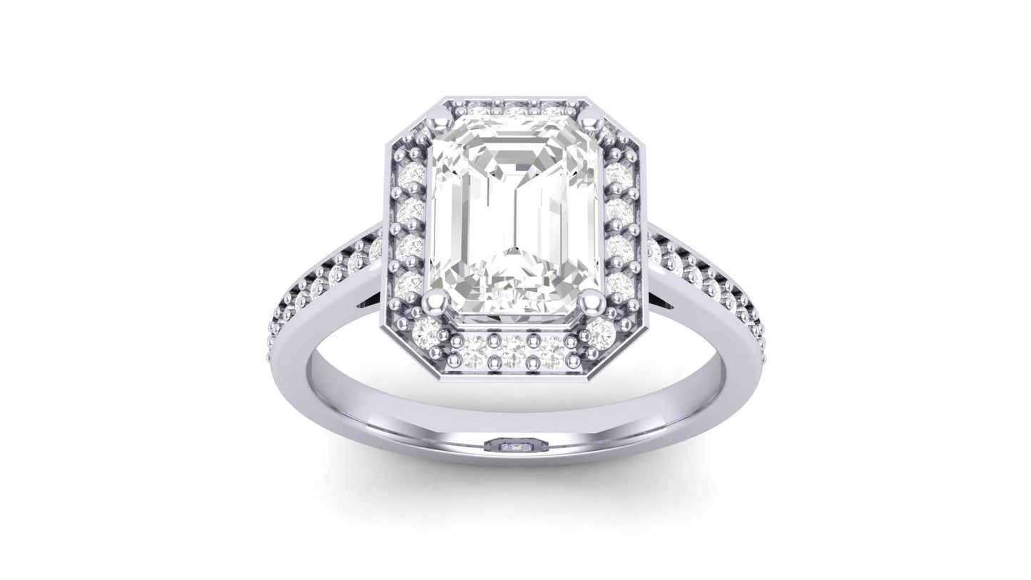 1.75 ct Emerald Cut Center Lab Grown Diamond | Color: E | Clarity: VVS | 0.25 ct Lab Grown Side Diamonds. | Designer Ring.