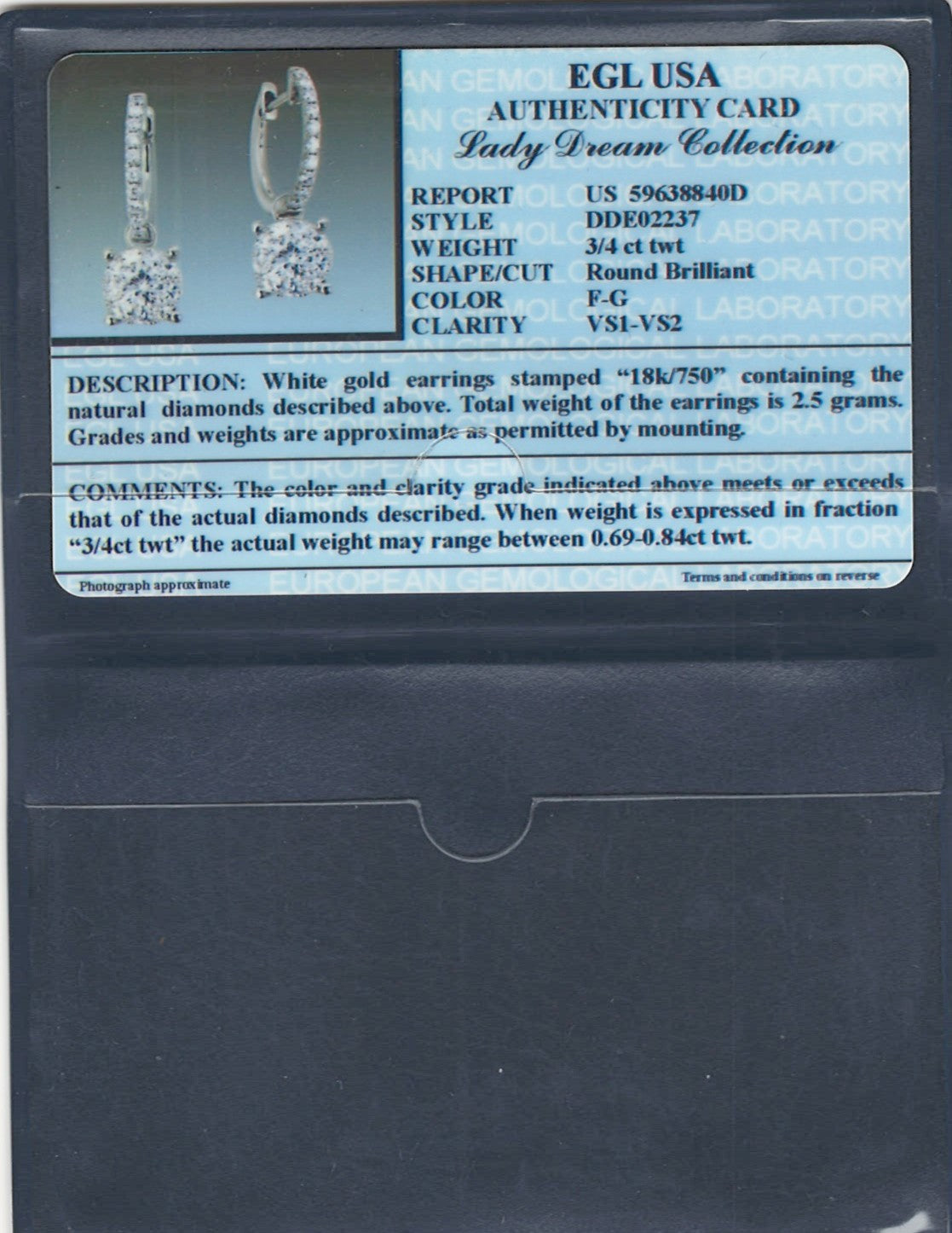 0.84 ctw Natural Diamonds | Color: F | Clarity: VS | 18k White Gold Earrings