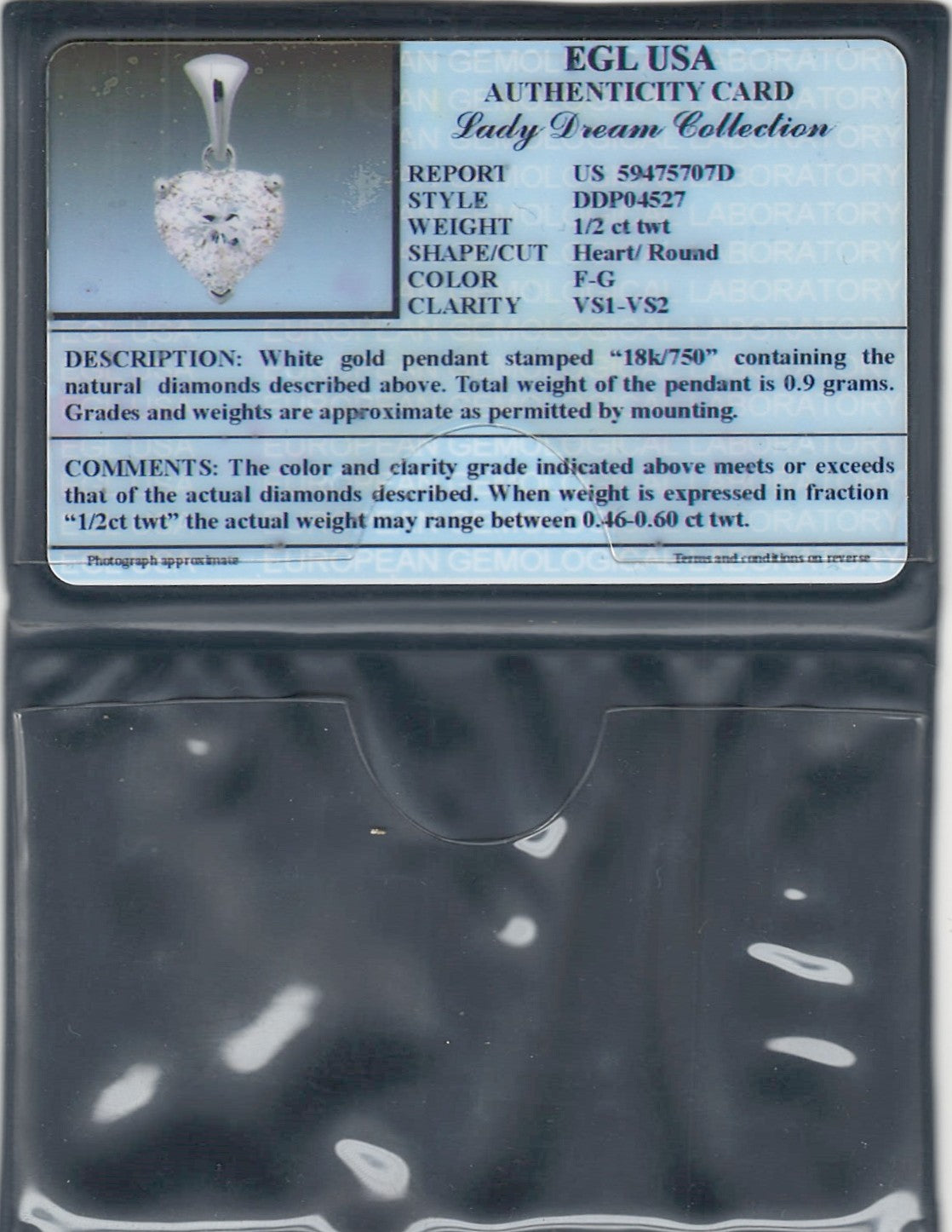 0.60 ctw Natural Diamonds | Color: F | Clarity: VS | 18k White Gold Pendant.