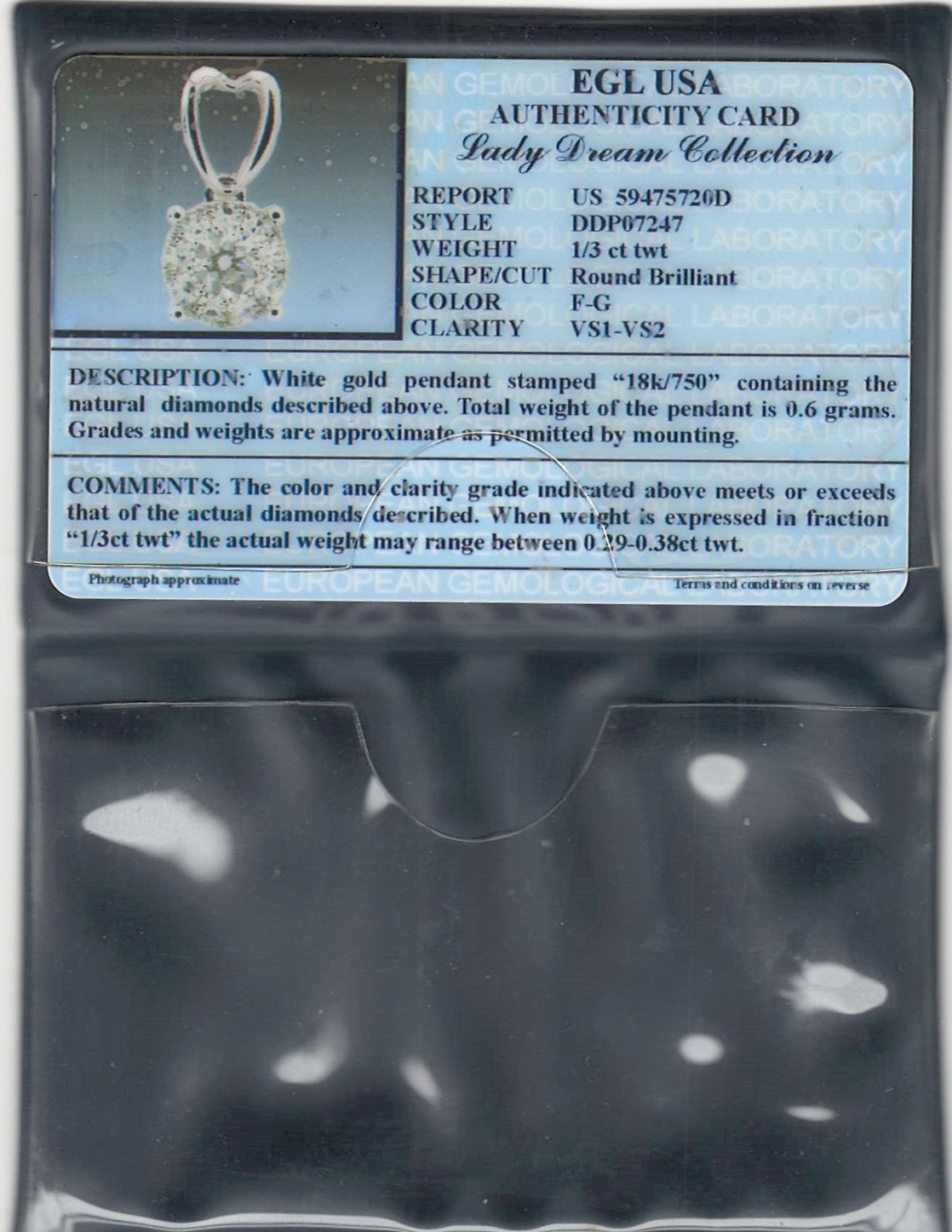 0.30 ctw Natural Diamonds | Color: F | Clarity: VS | 18k White Gold Pendant.