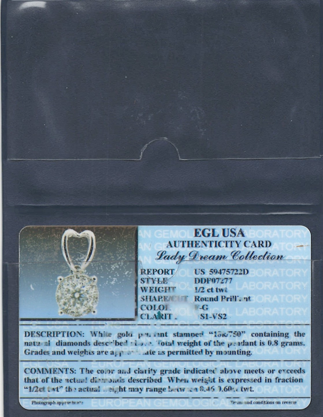 0.50 ctw Natural Diamonds | Color: F | Clarity: VS | 18k White Gold Pendant.