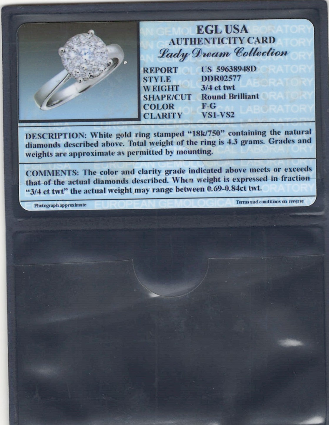 18K WHITE GOLD RING F COLOR VS QUALITY D-0.75