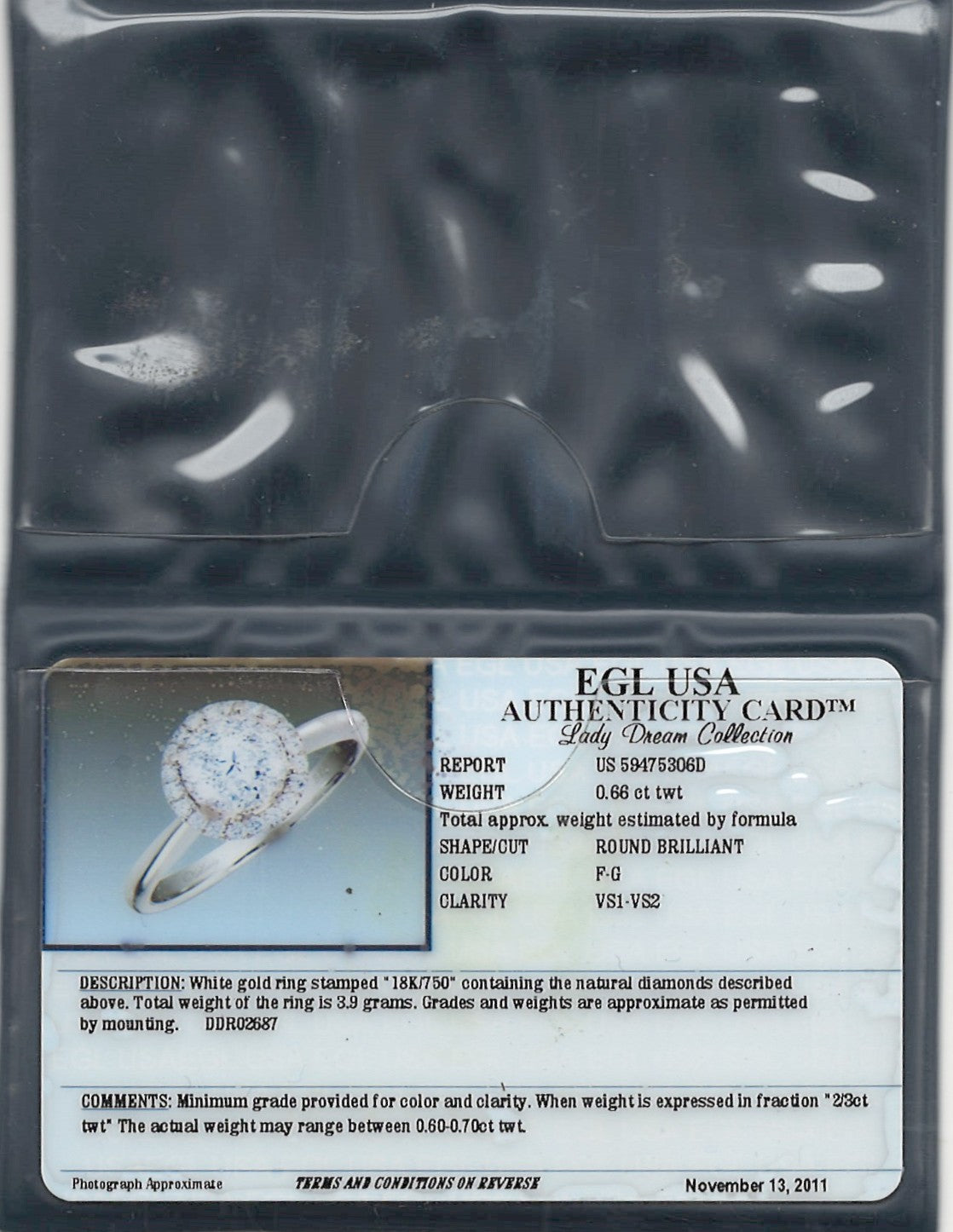 0.67 ctw Natural Diamonds | Color: F | Clarity: VS | 18k White Gold Ring