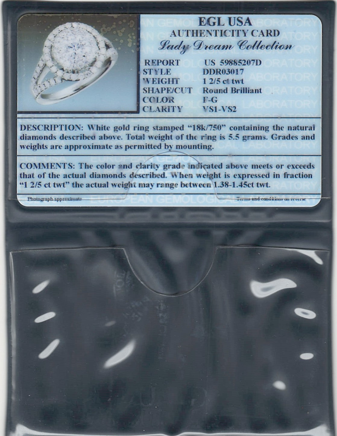 18K WHITE GOLD RING F COLOR VS QUALITY D-1.42