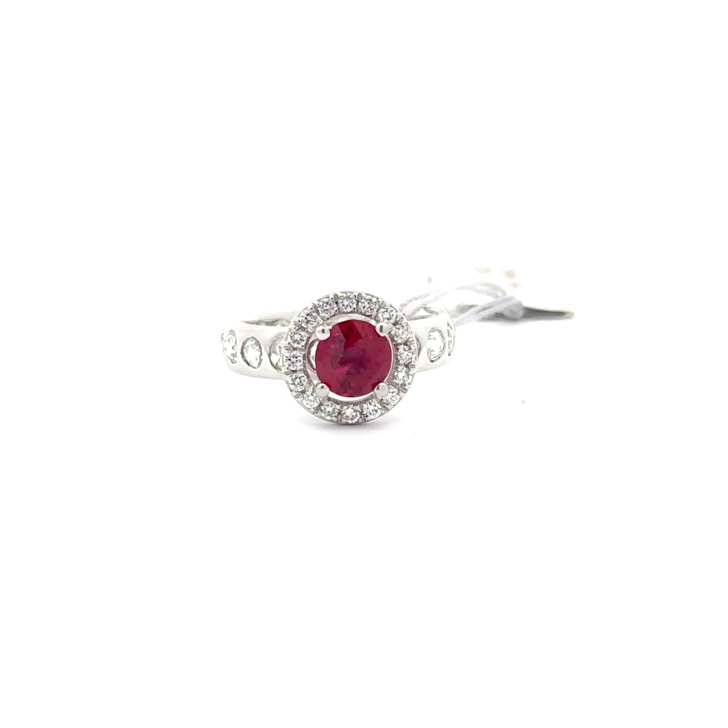 18k White Gold Round Ruby Women’s Designer Ring.