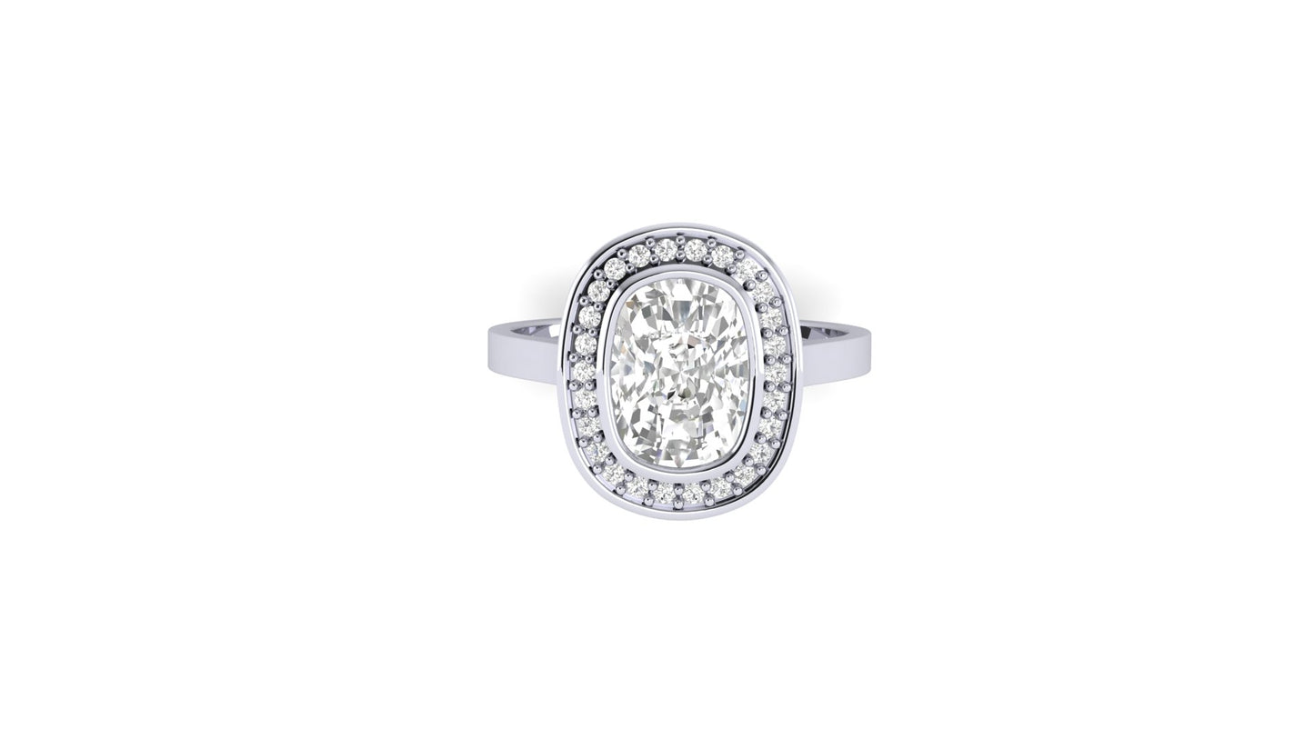 2.10 ct Cushion Cut Center Lab Grown Diamond | Color: E | Clarity: VVS | 0.50 ct Lab-Grown Side Diamonds | Halo Ring.