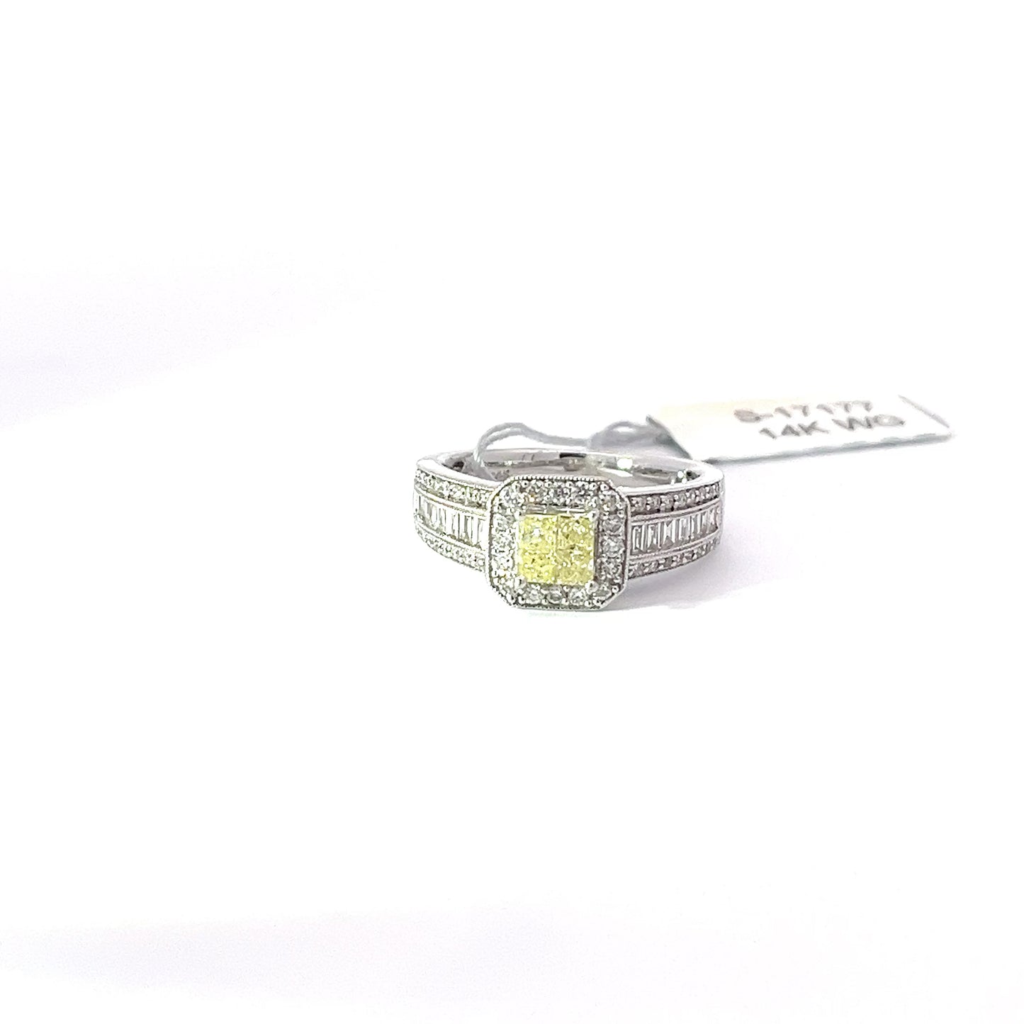 0.30ct Natural Yellow Princess-Cut(4 pc) Diamond Ring | 0.66ct Side Diamonds | 14K WG