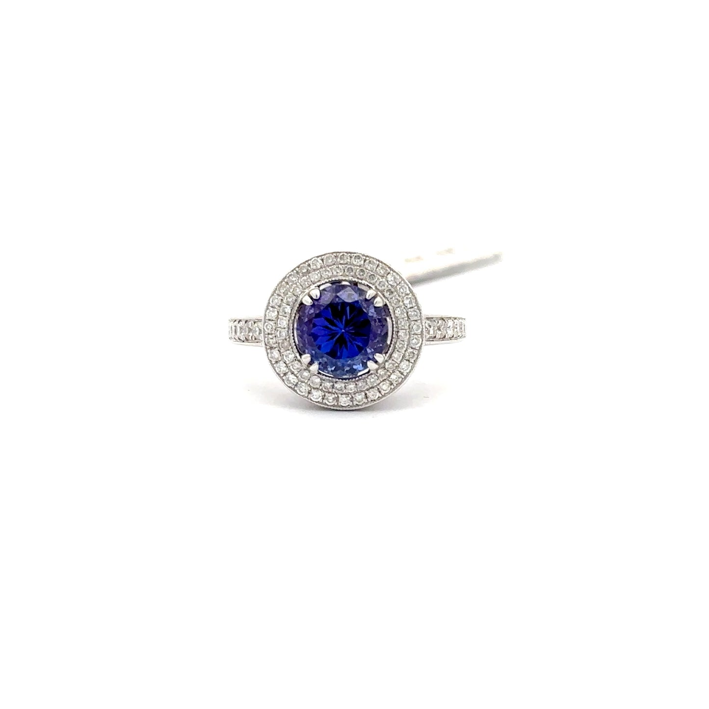 2.11ct Natural Round Tanzanite Center & 0.75ct Natural Side Diamonds Ring | 14K WG