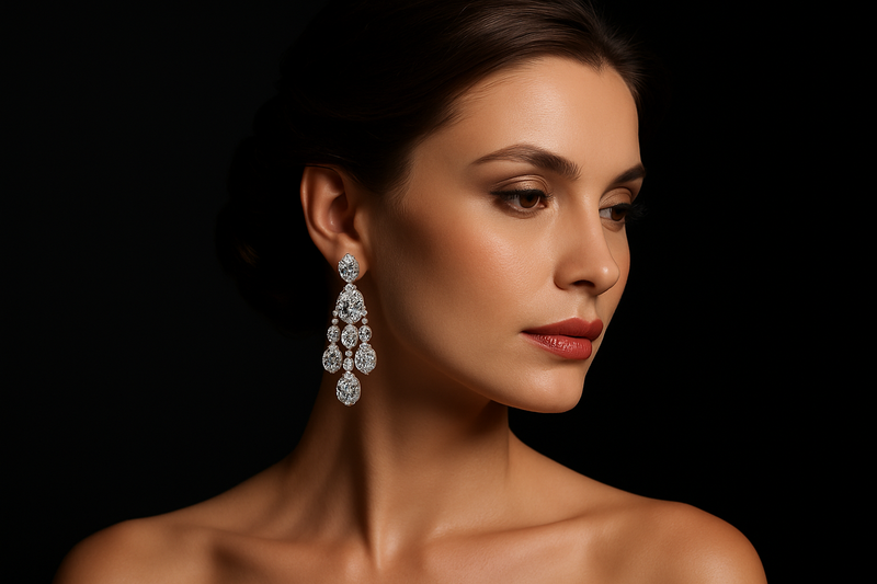 generate an image of beautiful girl wearring diamond earrings with full black background