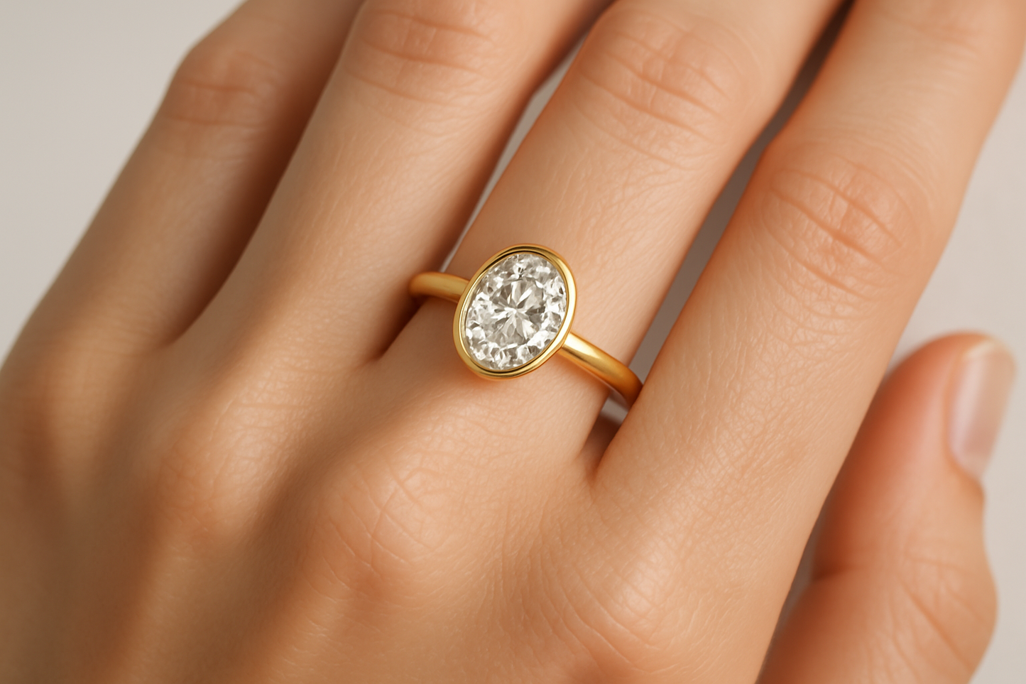 make-a-image-of-1.10-carat-lab-grown-diamond-bezel-set-solitaire-ring-in-oval-shape-in-yellow-gold-that-wearing-in-a-girls-hand