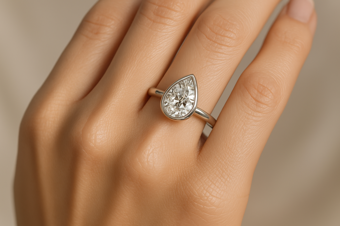 MAKE A IMAGE OF 1.20 CARAT LAB GROWN DIAMOND BEZEL SET SOLITAIRE RING IN PEAR SHAPE THAT WEARING IN A GIRLS HAND