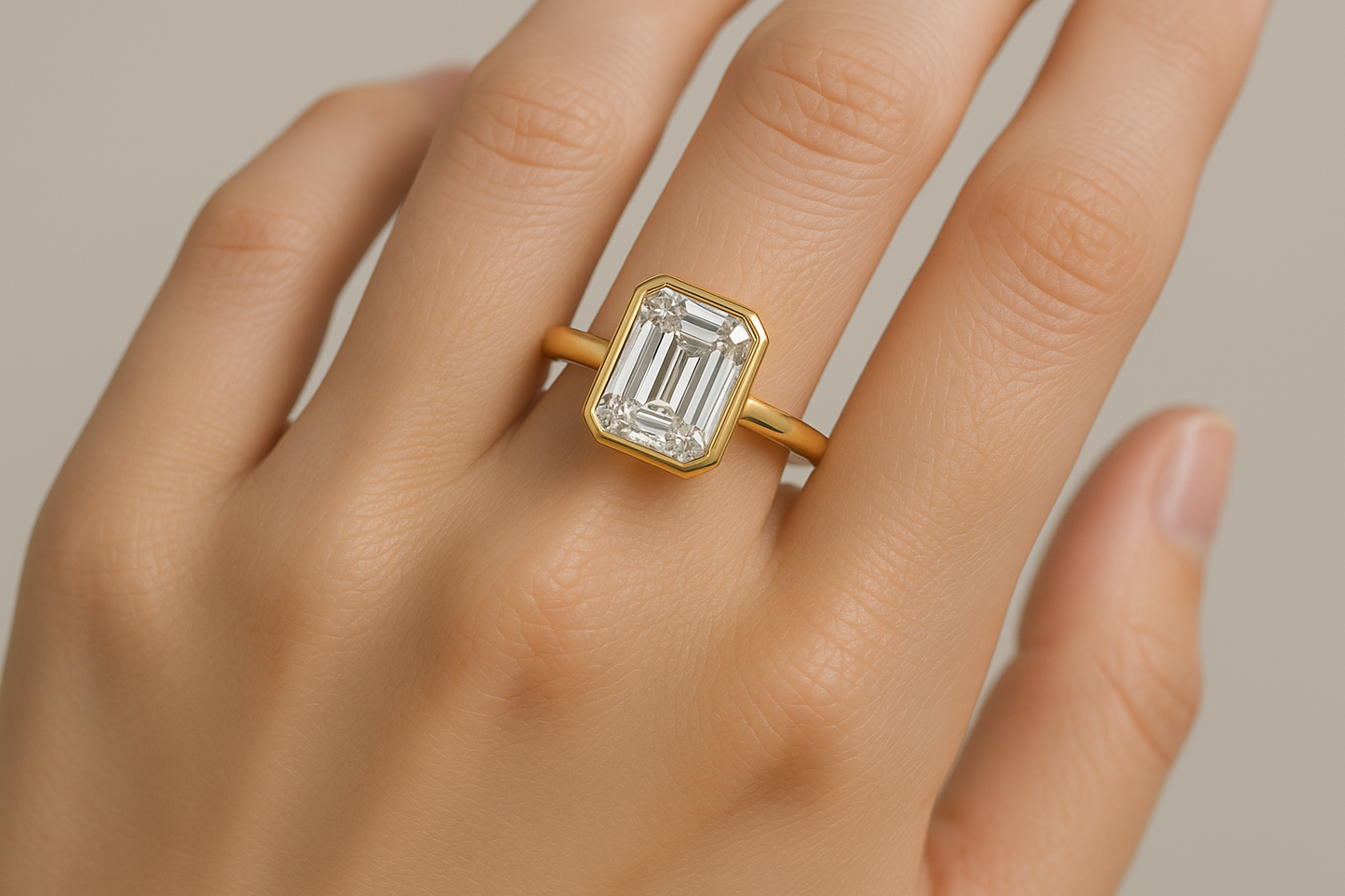 make-a-image-of-2.55-carat-lab-grown-diamond-bezel-set-solitaire-ring-in-emerald cut-shape-in-yellow-gold-that-wearing-in-a-girls-hand