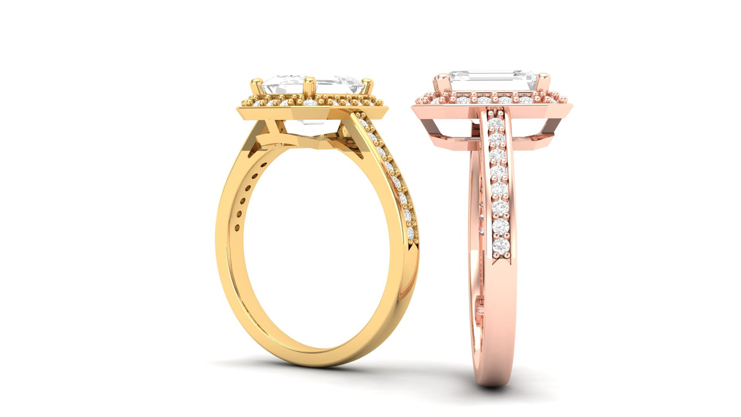 1.75 ct Emerald Cut Center Lab Grown Diamond | Color: E | Clarity: VVS | 0.25 ct Lab Grown Side Diamonds. | Designer Ring.