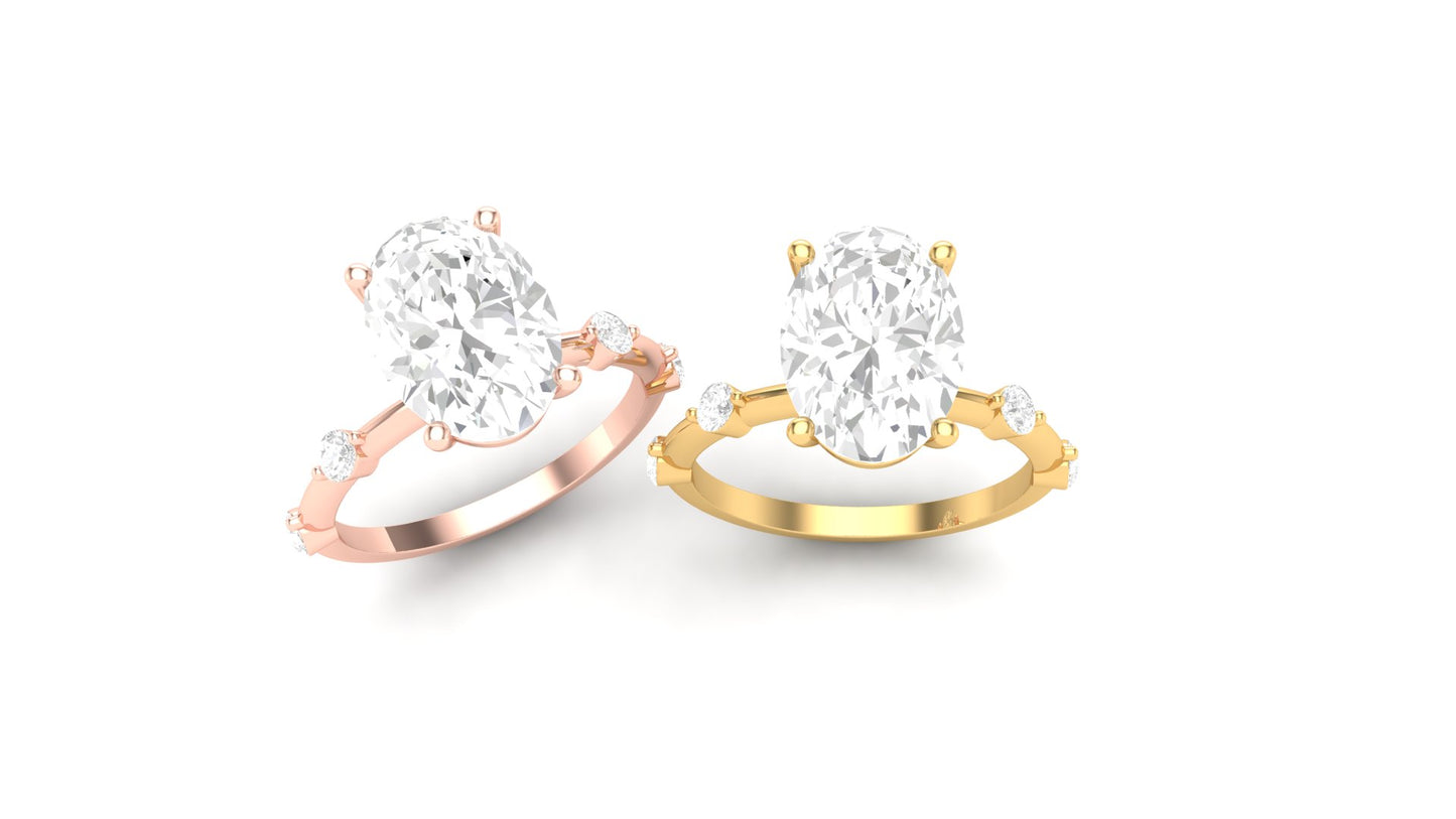 3.00 ct Oval Cut Center Lab Grown Diamond | Color: E | Clarity: VVS | 0.25 ct Lab Grown Side Diamonds. | Designer Ring.