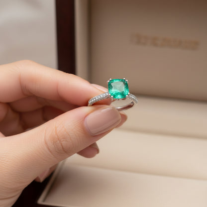 Certified Cushion-Cut Emerald Ring in 14K White Gold