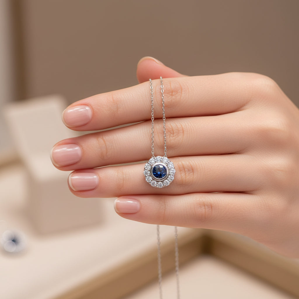 0.65 ct Natural Blue Sapphire Necklace | 0.45 ct Natural Diamonds | 14k White Gold