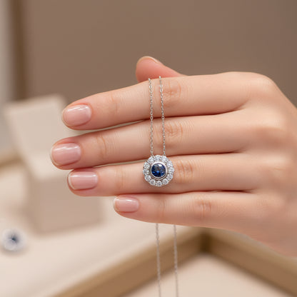 0.65 ct Natural Blue Sapphire Necklace | 0.45 ct Natural Diamonds | 14k White Gold