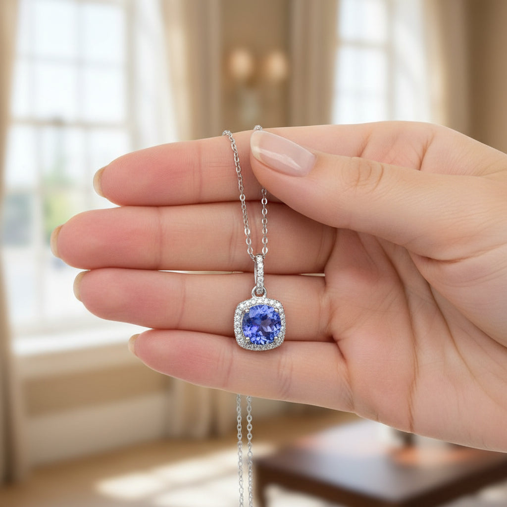 0.97 ct Natural Tanzanite Pendant | 0.08 ct Natural Diamonds | 14k White Gold