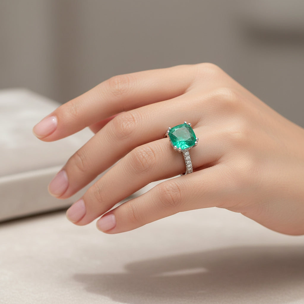 Certified Cushion-Cut Emerald Ring in 14K White Gold