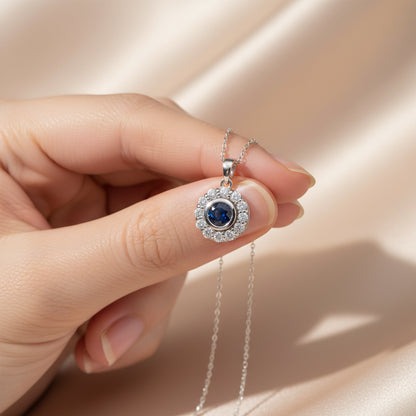 0.65 ct Natural Blue Sapphire Necklace | 0.45 ct Natural Diamonds | 14k White Gold