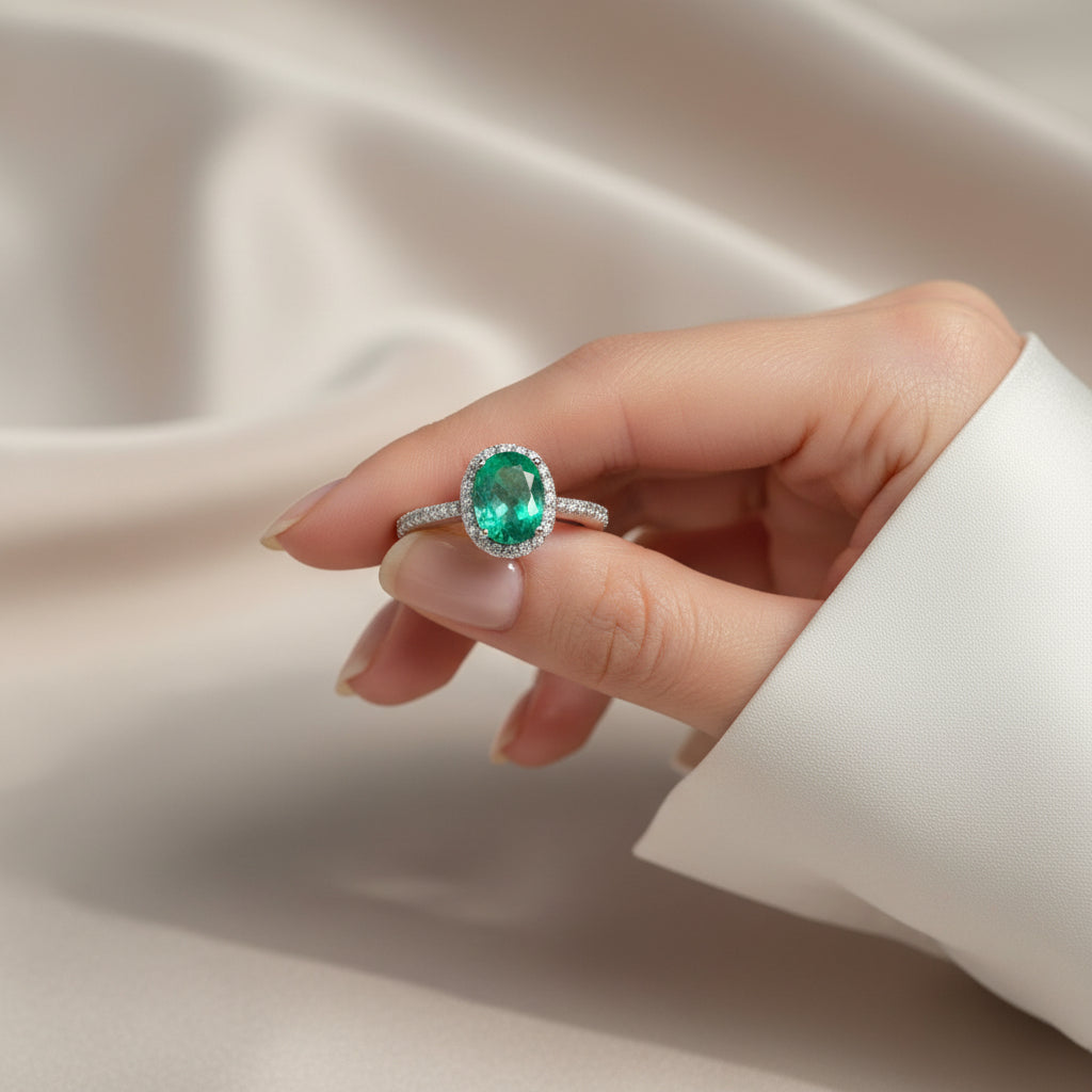 Certified Oval-Cut Emerald Ring in 14K White Gold