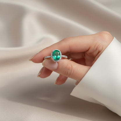 Certified Oval-Cut Emerald Ring in 14K White Gold