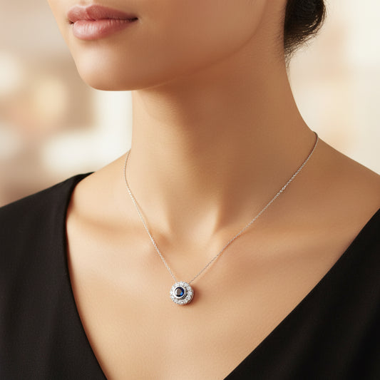 0.65 ct Natural Blue Sapphire Necklace | 0.45 ct Natural Diamonds | 14k White Gold