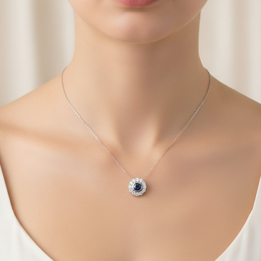 0.65 ct Natural Blue Sapphire Necklace | 0.45 ct Natural Diamonds | 14k White Gold