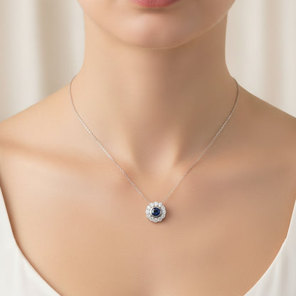 0.65 ct Natural Blue Sapphire Necklace | 0.45 ct Natural Diamonds | 14k White Gold