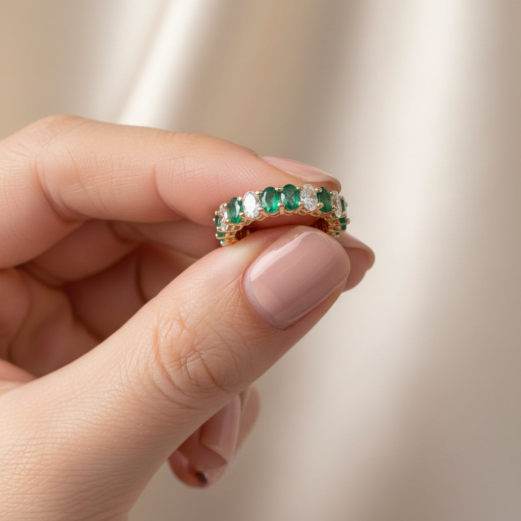 1.78 ct Natural Emeralds Band | 1.72 ct Lab-Grown Diamonds | 14k Yellow Gold