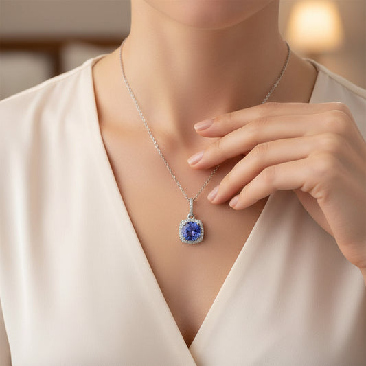 0.97 ct Natural Tanzanite Pendant | 0.08 ct Natural Diamonds | 14k White Gold