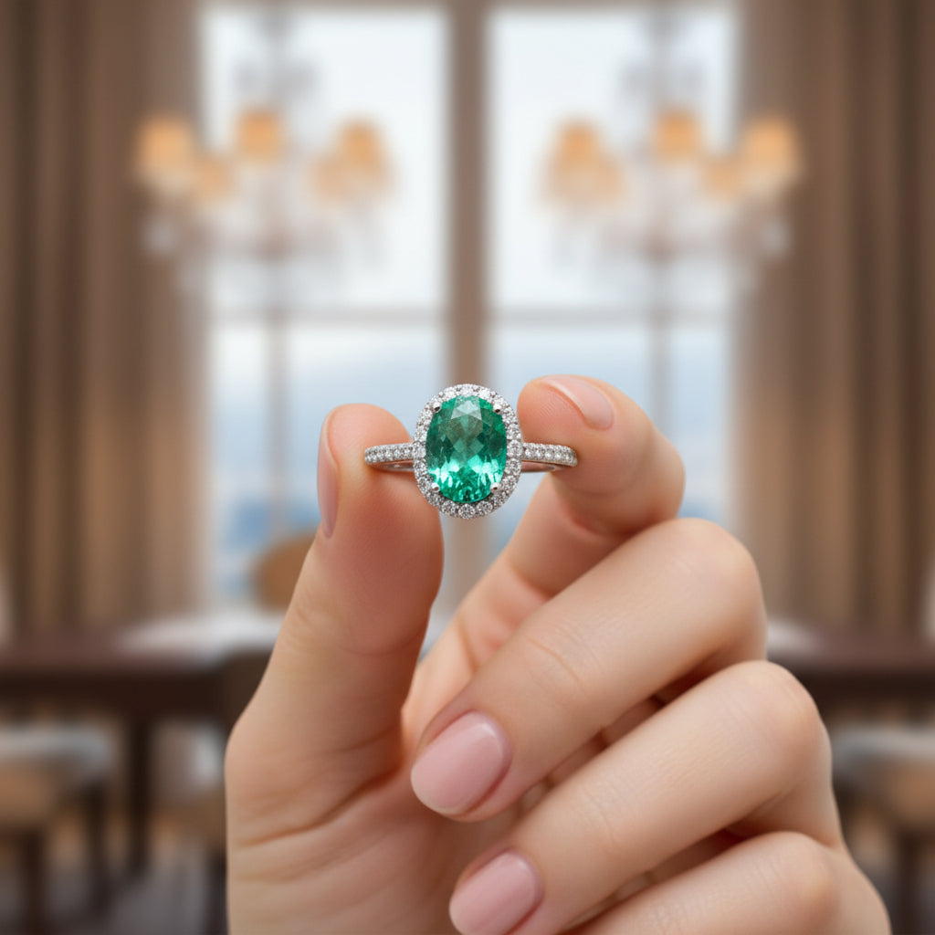 Certified Oval-Cut Emerald Ring in 14K White Gold