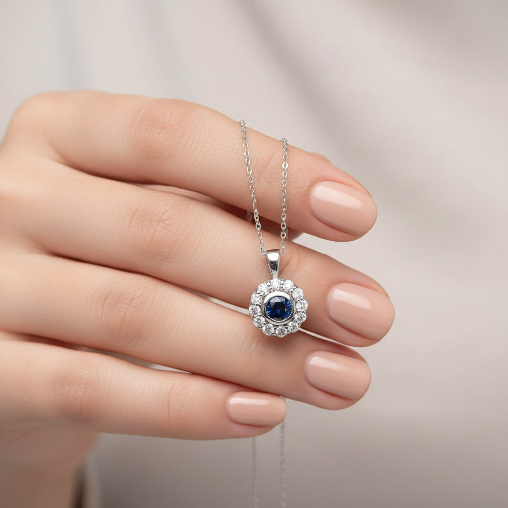 0.65 ct Natural Blue Sapphire Necklace | 0.45 ct Natural Diamonds | 14k White Gold