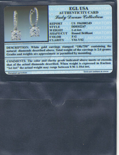 0.96 ctw Natural Diamonds | Color: F | Clarity: VS | 18k White Gold Earrings