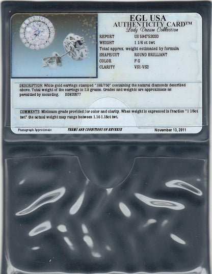 1.14 ctw Natural Diamonds | Color: F | Clarity: VS | 18k White Gold Earrings