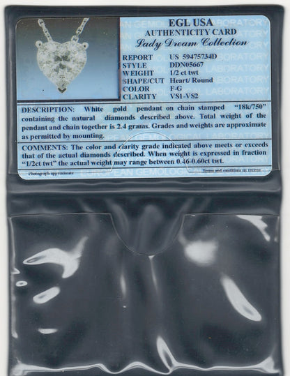 0.60 ctw Natural Diamonds | Color: F | Clarity: VS | 18k White Gold Necklace.