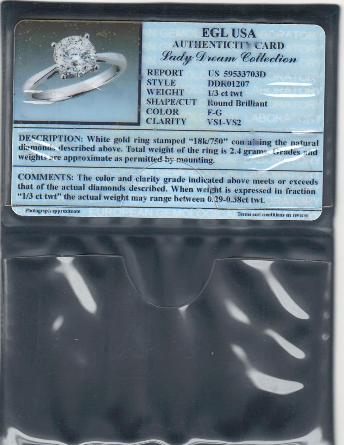 0.34 ctw Natural Diamonds | Color: F | Clarity: VS | 18k White Gold Ring