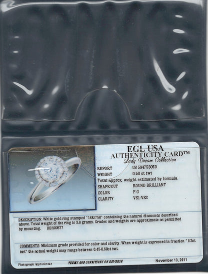 0.57 ctw Natural Diamonds | Color: F | Clarity: VS | 18k White Gold Ring
