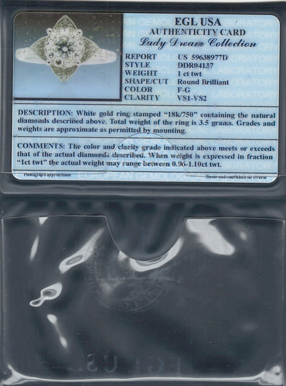 1.00 ctw Natural Diamonds | Color: F | Clarity: VS | 18k White Gold Ring