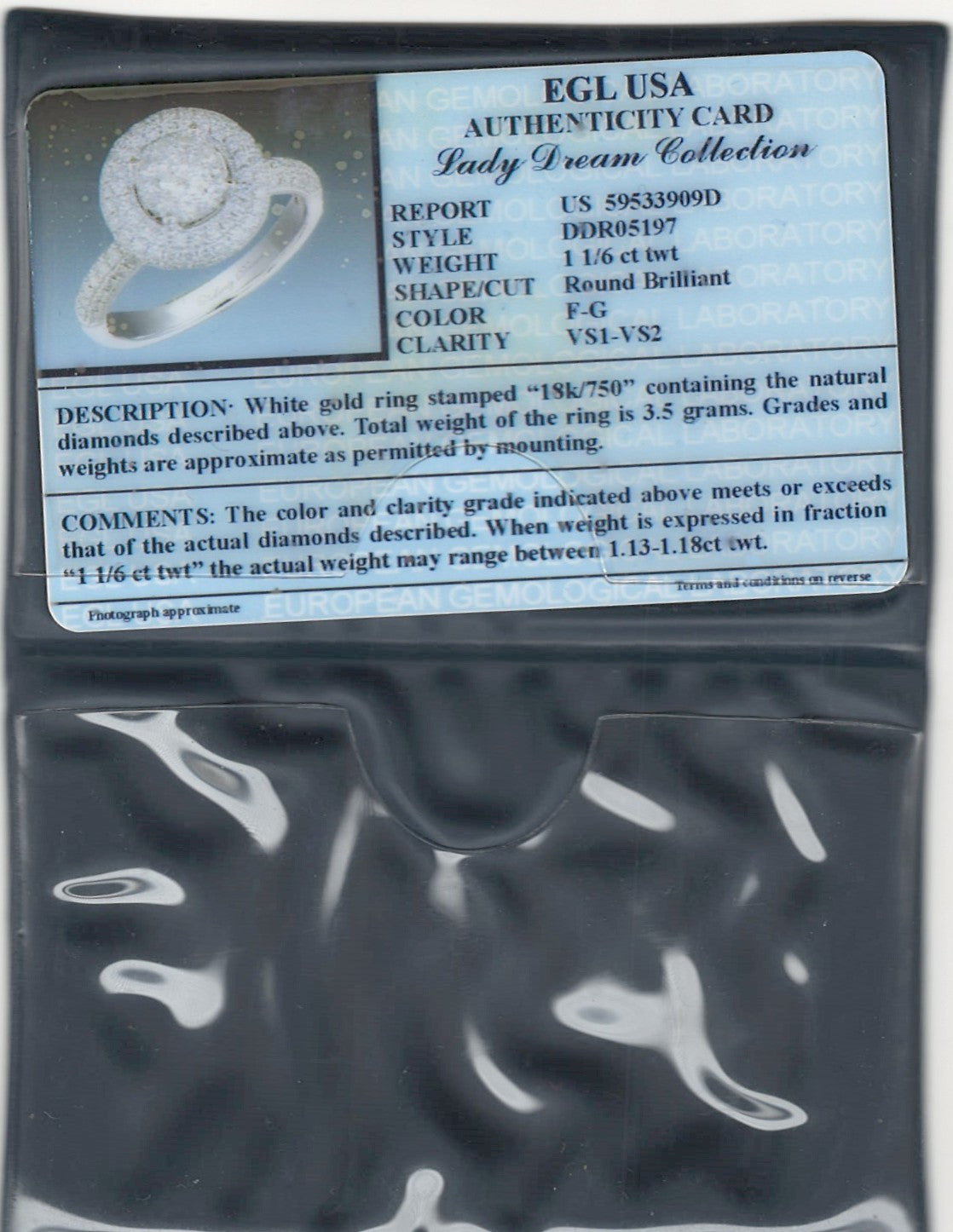 1.17 ctw Natural Diamonds | Color: F | Clarity: VS | 18k White Gold Ring
