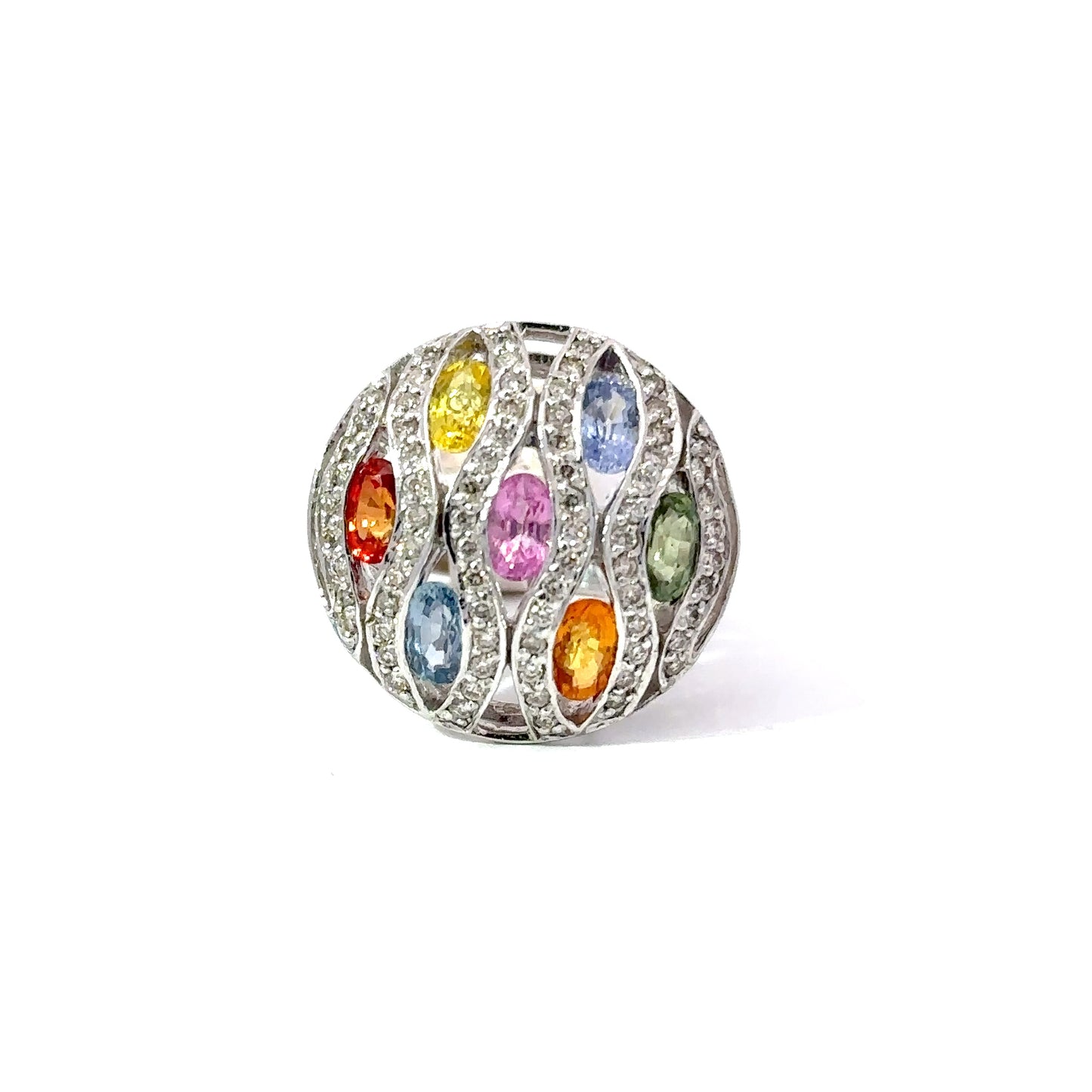 2.40ct Natural Oval Multi-Color Sapphires (7 pcs) & 0.56ct Natural Diamonds Ring | 14K WG