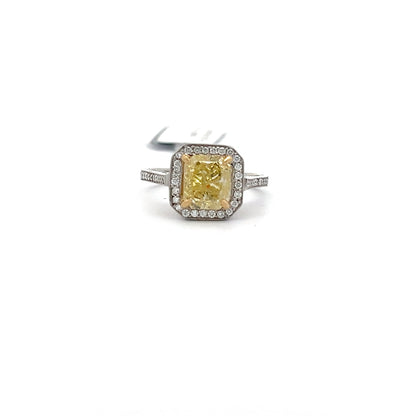 2.01ct Center Yellow Natural Diamond Ring | 0.50 ct Side Diamonds | PLATINUM/18K YG