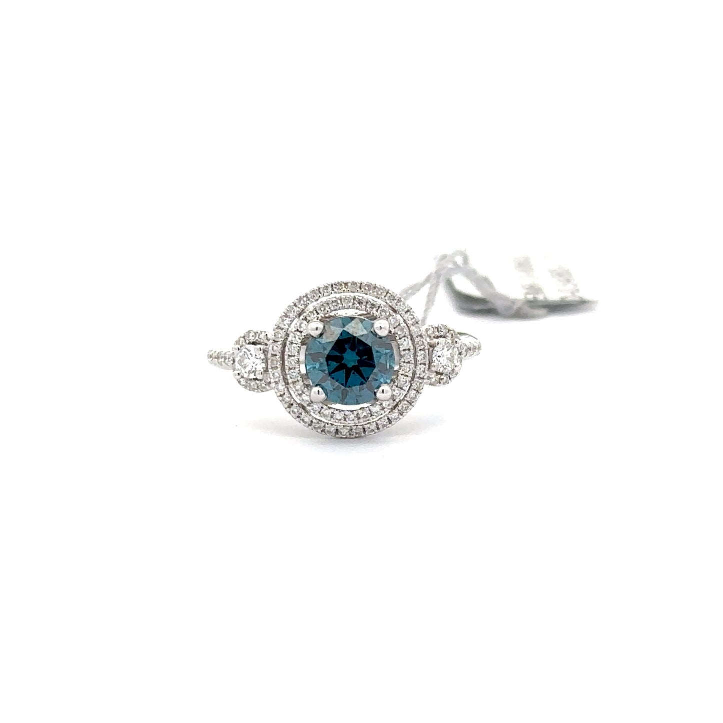 1.03 ct Natural Round Centered Blue Diamond | 18k White Gold | 0.54 ct Diamonds.