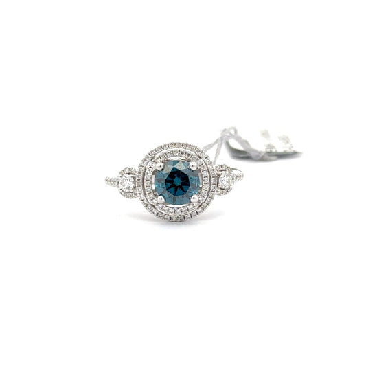 1.03 ct Natural Round Centered Blue Diamond | 18k White Gold | 0.54 ct Diamonds.