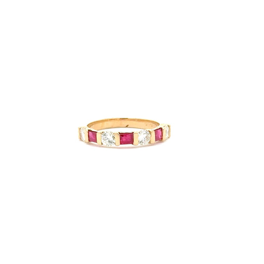 0.72ct Natural Round Diamonds & 0.63ct Emerald-Cut Rubys (Alternating Design) Band | 14K YG