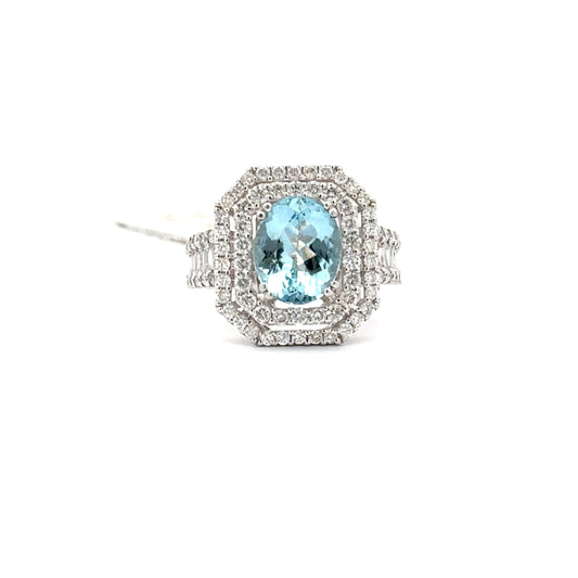 18K WHITE GOLD | 2.33 CT AQUAMARINE CENTERED | 1.44 CT NATURAL DIAMONDS RING.