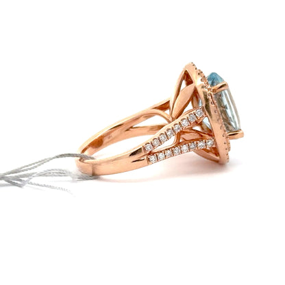 14K ROSE GOLD | 5.04 CT AQUAMARINE CENTERED | 0.91 CT NATURAL DIAMONDS RING.