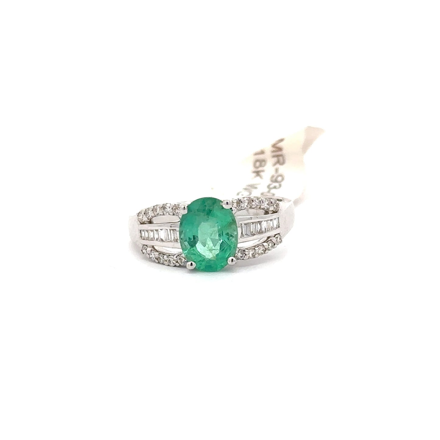 18K White Gold Oval Shape Emerald and Round/Baguette Shape Diamonds Ring.