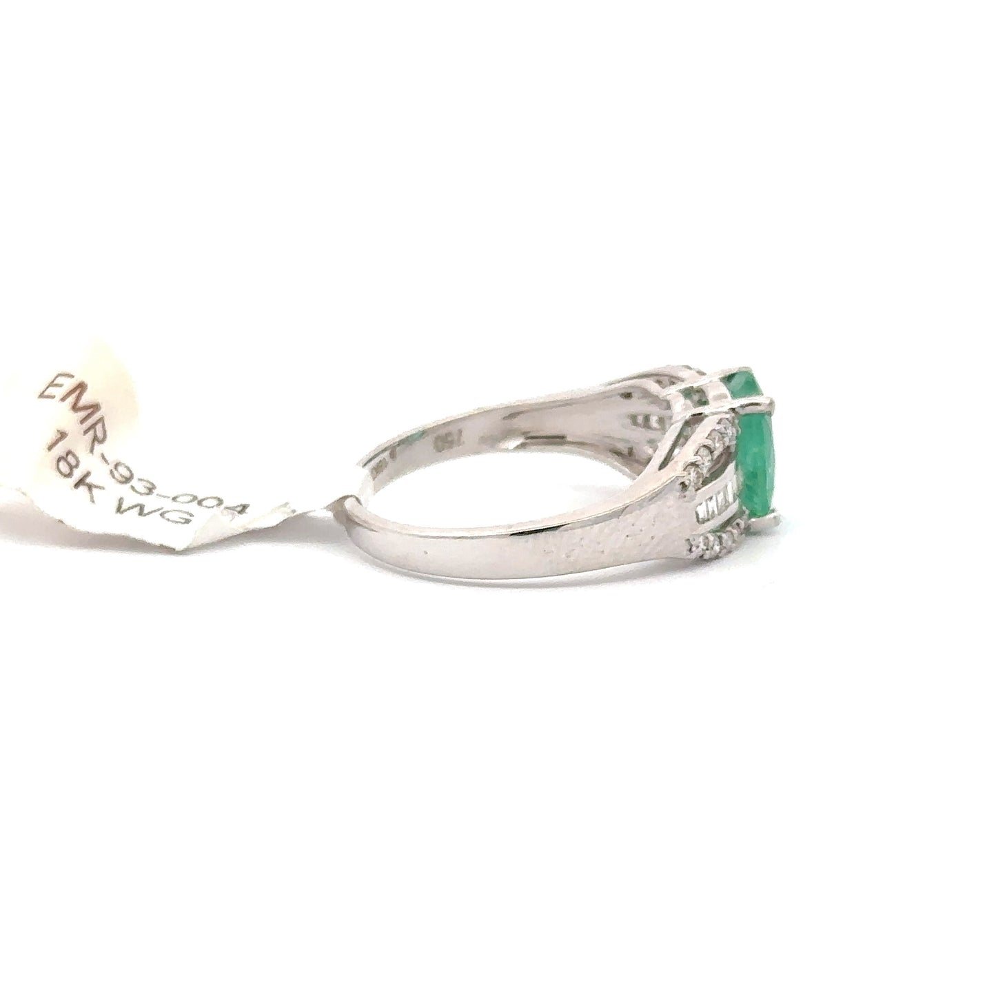 18K White Gold Oval Shape Emerald and Round/Baguette Shape Diamonds Ring.